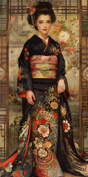 一位身穿帶花卉圖案和服和紅色腰帶的亞洲女性