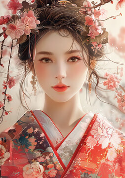 身穿和服的亞洲美女肖像，她的頭發(fā)里櫻花盛開