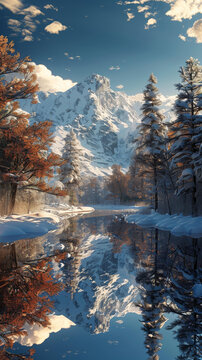 雪山倒影冬日湖景