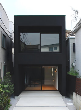 現(xiàn)代黑色住宅，大窗戶，水泥庭院
