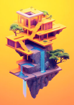 漂浮在空中的房子，瀑布和樹木3D