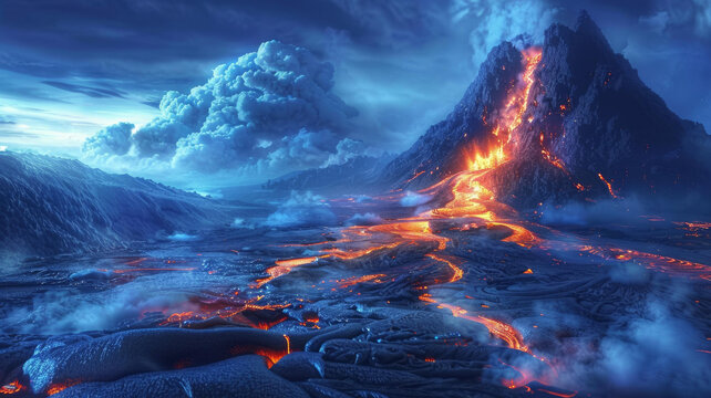 火山爆發(fā)時熔巖從山坡上流下