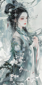 傳統(tǒng)服飾的優(yōu)雅女子花卉