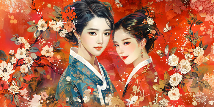 身著傳統(tǒng)韓服的兩位美麗亞洲女性
