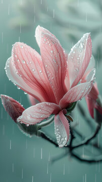 雨滴落在粉色的玉蘭花上