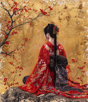 身穿紅色和服的女子坐在櫻花樹(shù)下