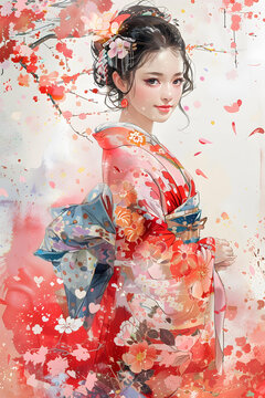 一個身穿和服的美麗日本女人站在櫻花樹下。