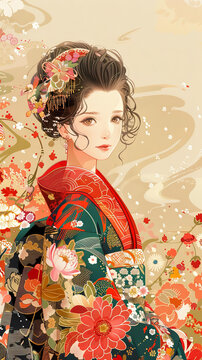 身穿和服的美麗日本女子站在花叢中。