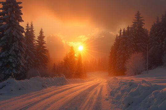 夕陽西下，白雪皚皚的森林公路