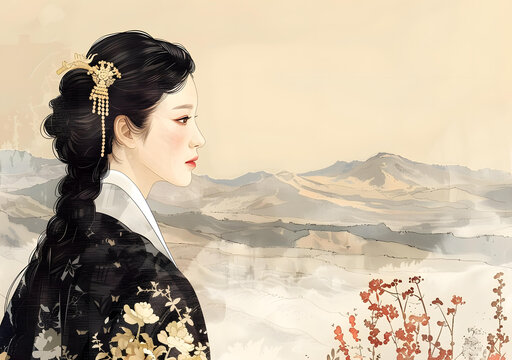身穿黑色繡花和服的韓國女性