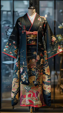 一件帶花卉圖案的和服和一條紅色腰帶