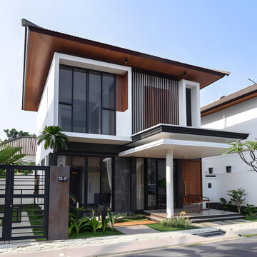 現(xiàn)代兩層住宅，木質(zhì)屋頂，大窗戶