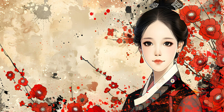 身著傳統(tǒng)韓服的美麗亞洲女性，背景是紅色的花朵