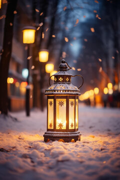 雪花飄飄的街道上夜幕下的燈籠