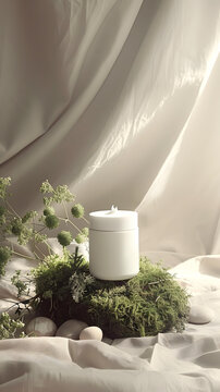 白色蠟燭，苔蘚床，石頭和綠色花朵