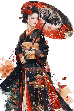 身穿和服撐著紅色雨傘的美麗日本女性