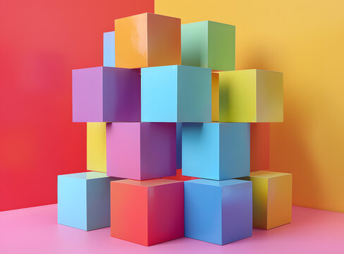 五顏六色的3D立方體堆疊在粉紅色和黃色背景前