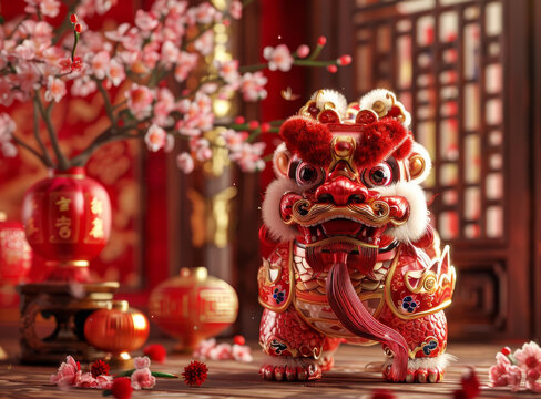 春節(jié)舞獅與櫻花紅燈籠