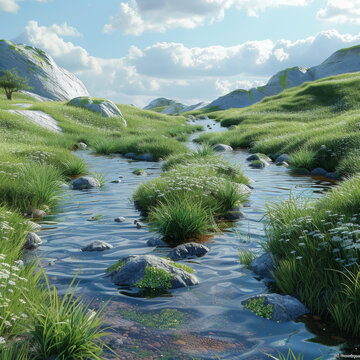 石頭和草地河水從草地中流過