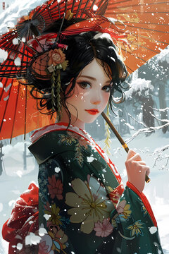 雪中撐傘的美麗女子