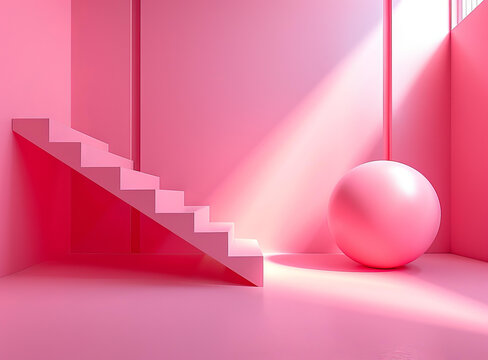 樓梯和球體的粉紅色房間