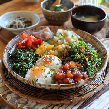日式料理：色彩豐富的米飯搭配雞蛋、蔬菜和肉類(lèi)