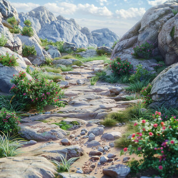 山間石路與粉花