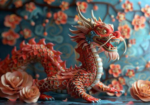 一只3D建模的龍和桃花