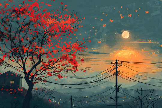 秋夜紅葉與明月