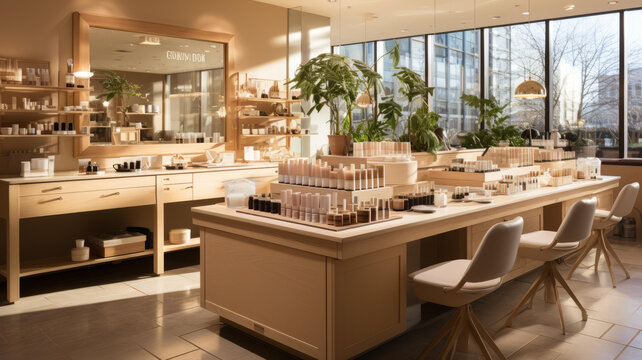 一家現代簡約風格的彩妝店內景