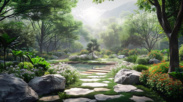 奇幻花園石板路池塘