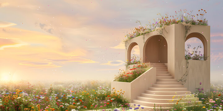 簡約建筑花卉花園與夕陽天空