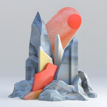 巖石山地景觀的 3D 渲染，帶有一個(gè)紅色的太陽(yáng)