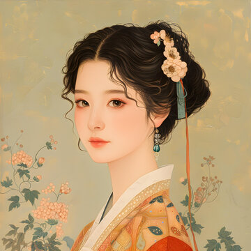 身穿中國傳統(tǒng)服飾的年輕女子肖像