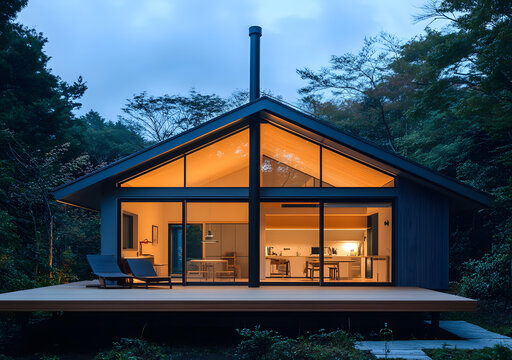帶大窗戶和木制甲板的現(xiàn)代小屋