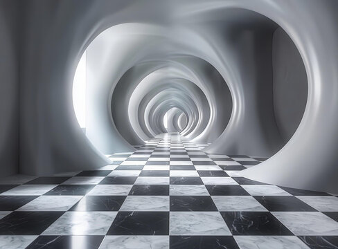 黑白棋盤格地板隧道