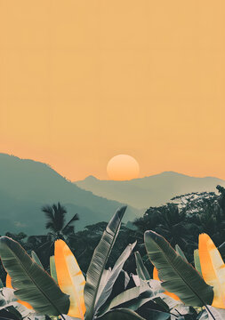 熱帶山脈上的夕陽與棕櫚樹