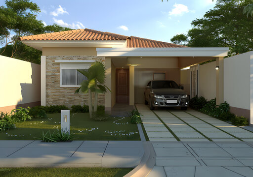 帶車棚和棕櫚樹的現(xiàn)代房屋