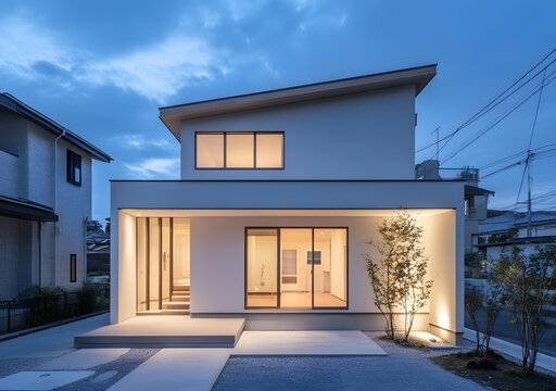現(xiàn)代兩層住宅，黃昏時分，玻璃門窗的設(shè)計