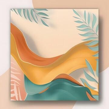 抽象綠色葉子和波浪線背景
