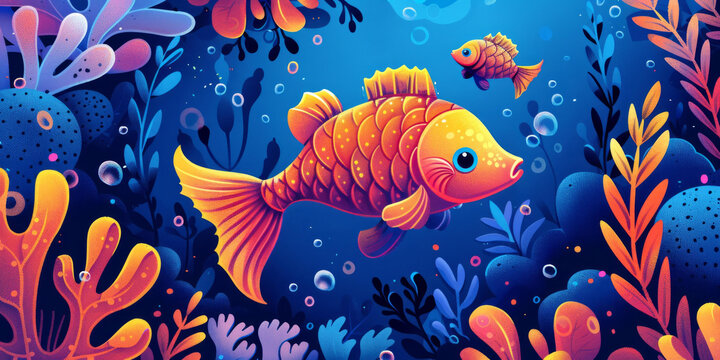兩只金魚在色彩斑斕的海底世界中游動(dòng)