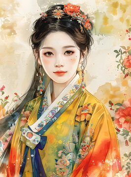 身著傳統(tǒng)韓服的女性水彩肖像