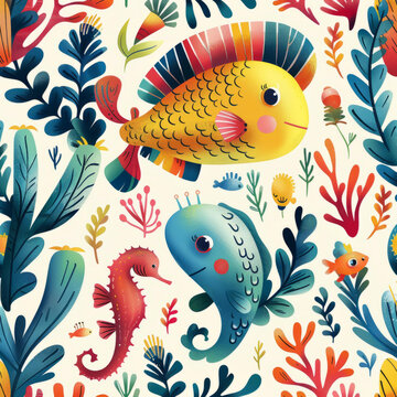 海底世界與可愛(ài)卡通魚和海洋植物