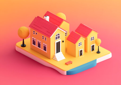 低多邊形3D黃色房屋紅屋頂