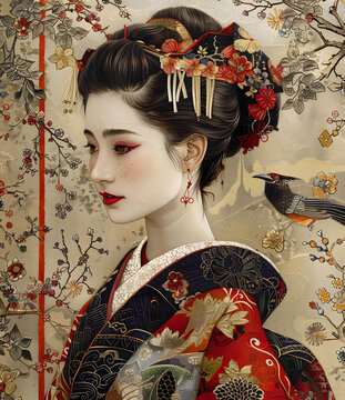 一個(gè)身穿和服的日本女人的插圖，她的頭發(fā)上有一只鳥(niǎo)