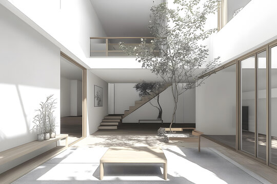 現(xiàn)代簡約風(fēng)格的住宅室內(nèi)設(shè)計，帶有綠植和木質(zhì)元素