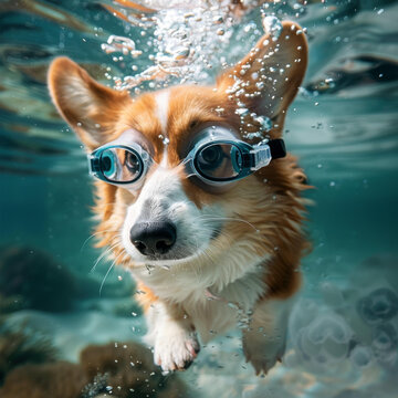 一只戴著游泳鏡的可愛柯基犬在水下游泳