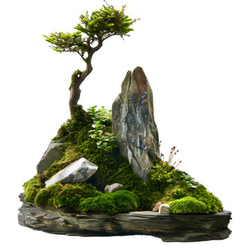 [免摳素材]微型盆景樹與巖石苔蘚