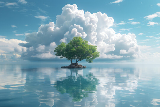 一棵孤獨的樹矗立在汪洋大海之中