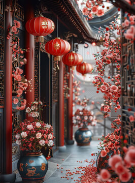 喜慶紅燈籠桃花裝飾的中國風走廊